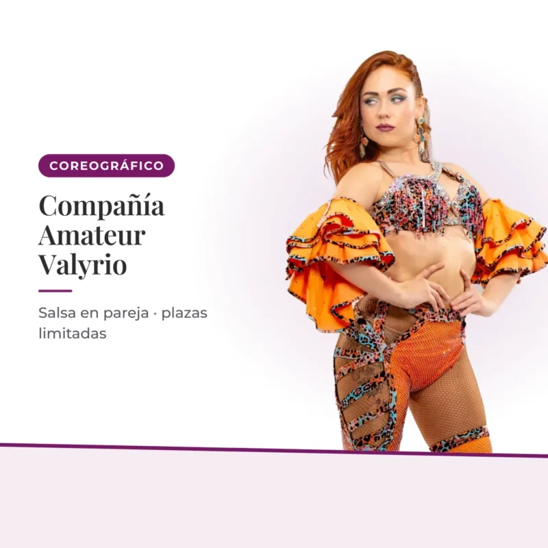 Compañía Amateur Valyrio — Salsa en pareja · plazas limitadas. Irene Palomares, academia de salsa.