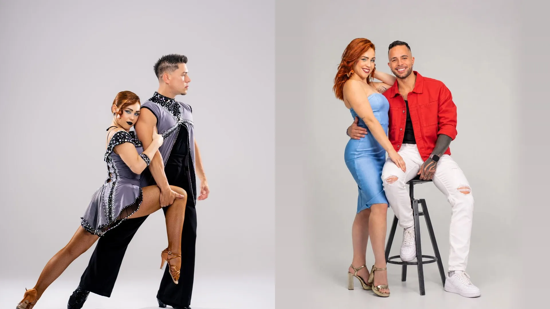Irene Palomares bailando salsa en pareja: a la izquierda en pose de show y a la derecha con su pareja de la Compañía Amateur Valyrio